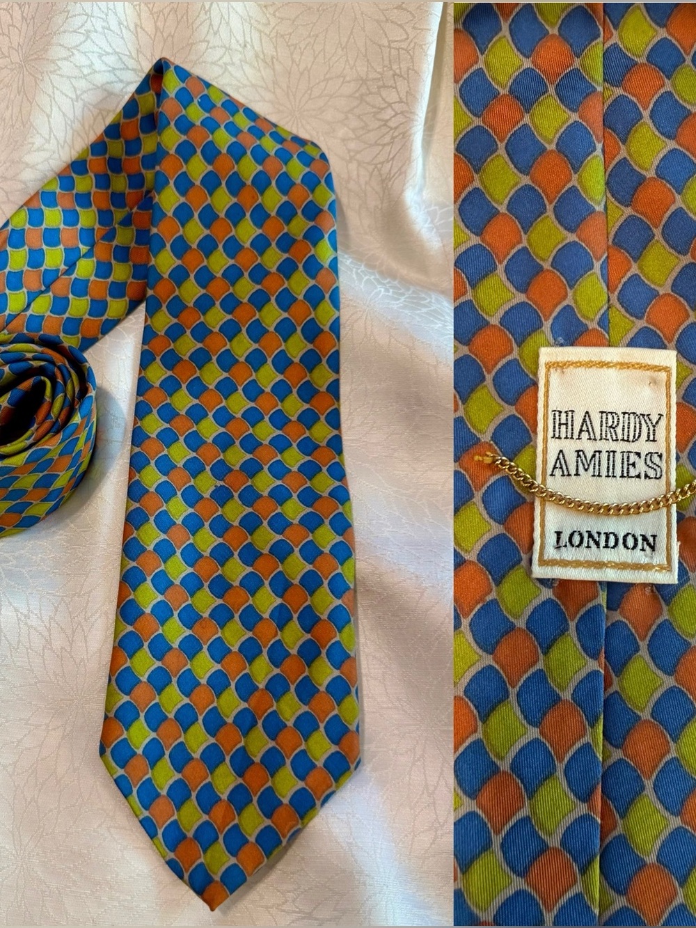 Hardy Amies Blue, Orange & Green Geometric Silk Tie